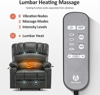 MCombo Oversized Power Lift Recliner Chair for Elderly, Lift Chair with Heat and Massage, Lift Recliner for Big and Tall, Cup Holders, USB &Type C Ports, Faux Leather R7092 (Grey, Oversize)