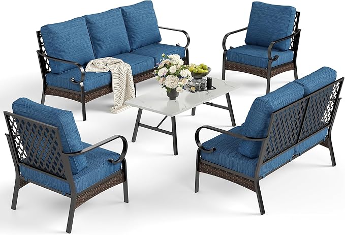 5 Piece Metal Outdoor Patio Furniture Set, Patio Conversation Sets 3-Seater Sofa, 2-Seater Sofa, 2 Fixed Chair with 5.75" Thick Cushion & Coffee Table Black Backyard Furniture, Blue-2