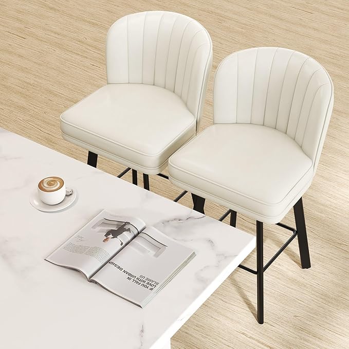 Swivel Counter Height Bar Stools Set of 3, 26'' Modern Barstools with Backs and Metal Legs, Upholstered Bar Chairs, Faux Leather White Stools for Kitchen Island Chairs