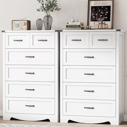 Dresser for Bedroom with 6 Drawers, 49" Tall Wood Chest of Drawers with Deep Drawers & Mental Handle, Modern Dresser TV Stand, Wooden Closet Storage Organizer for Living Room, Hallway, Entryway, White