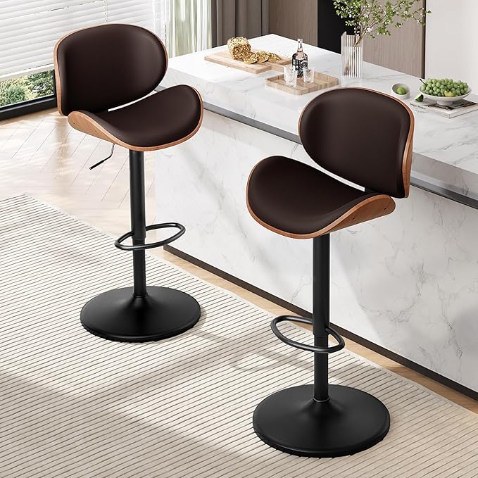 Furniliving Bar Stools Set of 4, Adjustable Height Swivel Bentwood Barstools, Upholstered Bar Chairs with Footrest, Ergonomic Modern Bar Stools for Dining Room, Kitchen, Bar, Brown, PU