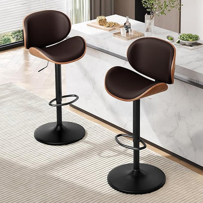 Furniliving Adjustable Bar Stools Set of 2, Swivel Bentwood Barstools Counter Height Bar Stools, Ergonomic Modern Bar Stools with Back Upholstered Barstools for Dining Room, Kitchen, Bar, Brown, PU