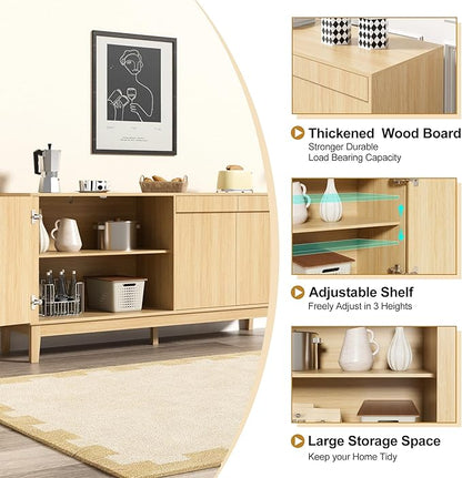 Scurrty Modern Buffet Cabinet with Storage,Wood Color Buffet with Adjustable Shelf and 4 Doors, Natural Wood Grain Accent Cabinet for Living Room & Kitchen