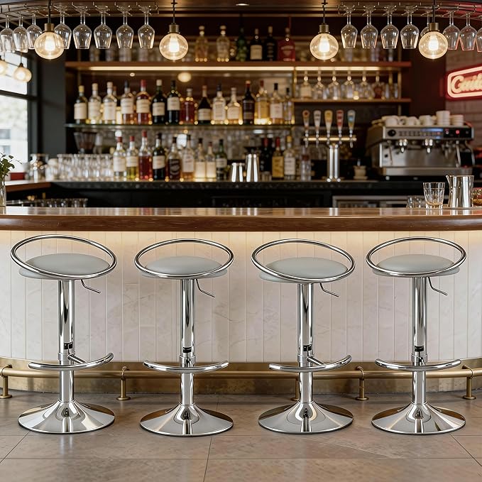 Bar Stools Set of 2, Adjustable Swivel Counter Height Barstools with Upholstered Seat, PU Leather Counter Stools for Bar, Kitchen Island, Dining Room, Silver