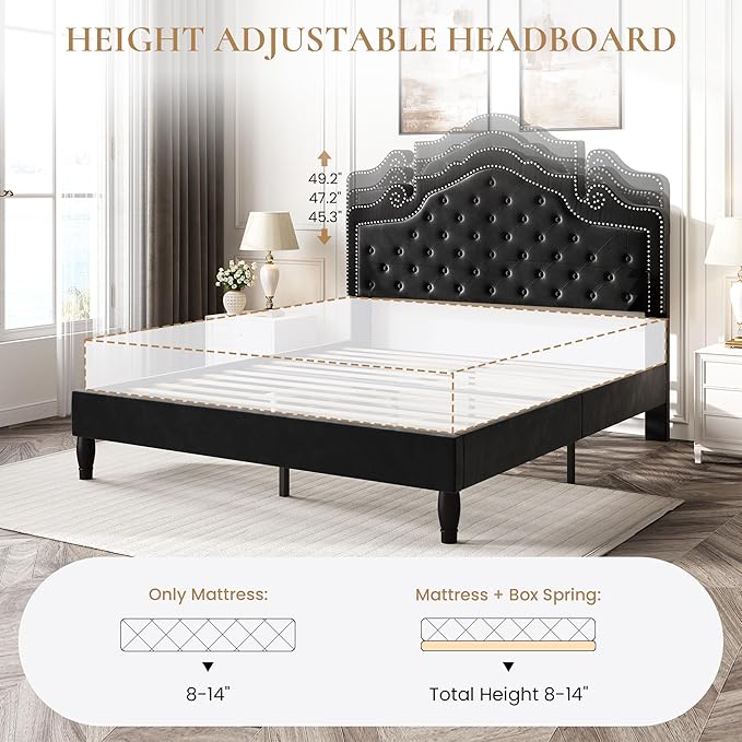 SHA CERLIN Full Size Bed Frame with Adjustable Headboard/Velvet Upholstered/Diamond Button Tufted and Metal Studs/No Box Spring Needed/Wood Slat Support/Easy Assembly/Black
