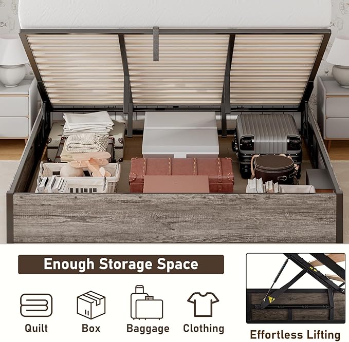Lift Up Storage Bed Frame, King Size Wooden Platform Bed with Large Storage Underneath, No Box Spring Needed, Noise Free, Rustic Grey