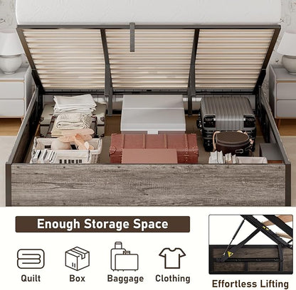 Lift Up Storage Bed Frame, King Size Wooden Platform Bed with Large Storage Underneath, No Box Spring Needed, Noise Free, Rustic Grey