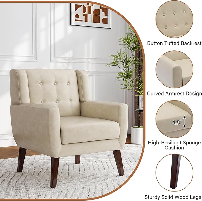 Lumibee Accent Chairs Set of 2, Modern Faux Leather Armchairs for Living Room, Comfy Upholstered Arm Chairs Tufted for Indoor Bedroom Office Room (P Cream)