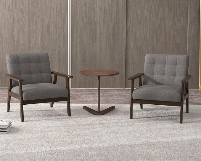 Modern Accent Chair with Wooden Table, Upholstered Linen Fabric Leisure Side Chair with Arm Rest and Wooden Frame for Living Room, Bedroom Reading (Gray)