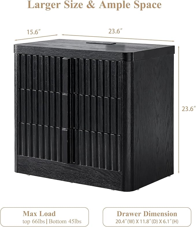 23.6" Nightstand Set of 2 with Charging Station, Side Table with 3 Storage Drawers, Mid Century Modern Night Stand with Solid Wood Handle, Bedside End Table for Bedroom, Living Room, Black