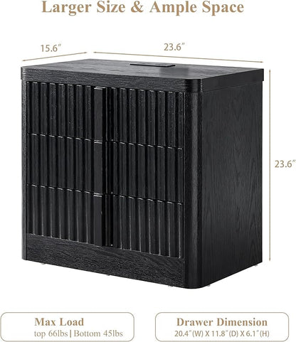 23.6" Nightstand Set of 2 with Charging Station, Side Table with 3 Storage Drawers, Mid Century Modern Night Stand with Solid Wood Handle, Bedside End Table for Bedroom, Living Room, Black