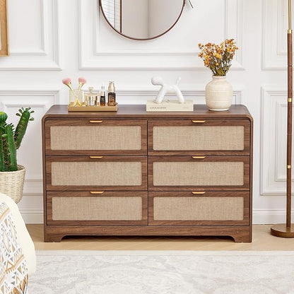 6 Drawer Dresser for Bedroom, 48" Wide Curved Wooden Dresser with Natural Linen & Metal Handle, Mid Century Modern Chest of Drawers Closet Clothes Storage Organizer for Living Room, Walnut