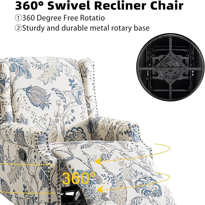 Swivel Glider Recliner Chairs Set of 2, High Back Rocker Reclining Accent Chair with Smooth Manual Mechanism for Nursery, Comfortable & Quiet Upholstered Armchair Seating-Bule Plant