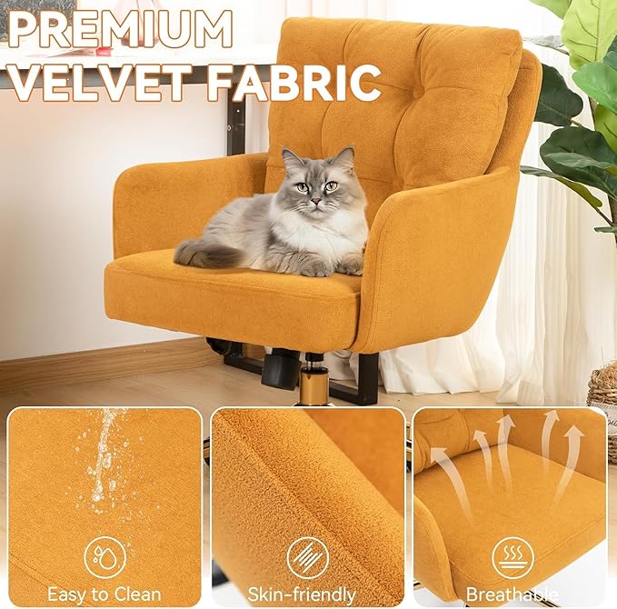 Velvet Office Chair, Comfy Home Office Desk Chairs with Lumbar Support, Modern Velvet Desk Chair Gold Legs Small Swivel Task Chair for Home Office, Bedroom, Study (Yellow, XL)