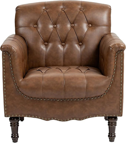UIXE Faux Leather Accent Chairs Set of 2, Comfy Club Chair Upholstered Armchair for Living Room, Button Tufted Arm Chair Retro Single Sofa Side Reding Seat for Bedroom - Brown