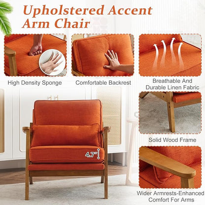 VINGLI Solid Wood Wide Armrests Accent Chair,Upholstered Mid Century Modern Chair with Pillow,Comfy Reading Chair Farmhouse Arm Chair,Chairs Living Room,Bedroom,Guest Room,Linen Fabric,Burnt Orange