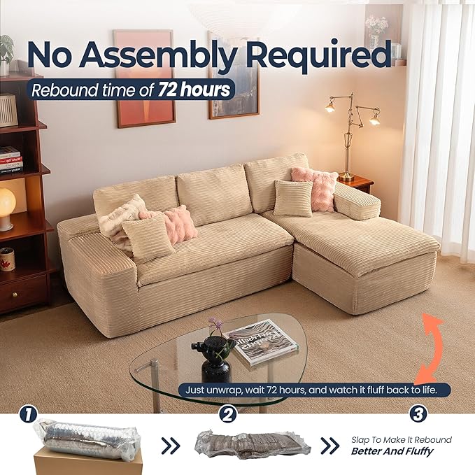 106" Oversized Couch Sofa, L Shape Couches for Living Room, No Assembly Required Corduroy Sectional Sofas with Right Facing Chaise for Home Apartment