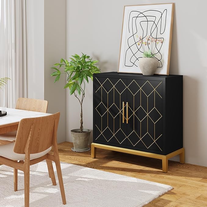 HLR Accent Cabinet with Gold Trim,Storage Cabinet with 2 Doors,Modern Wooden Sideboard for Living Room, Kitchen, Office and Hallway,Black