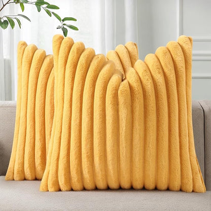 Pallene Faux Fur Plush Throw Pillow Covers 20x20 Set of 2, Luxury Soft Fluffy Striped Decorative Pillow Covers for Sofa, Couch, Living Room, Mustard Yellow