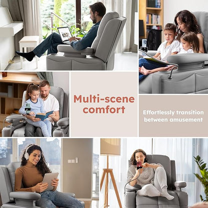 MAMAZING Triple Motor Power Swivel Rocker Recliner Chair with Adjustable Armrests for Adults, FSC Certified Faux Leather Rocking Chair Nursery for Breastfeeding, Dark Gray