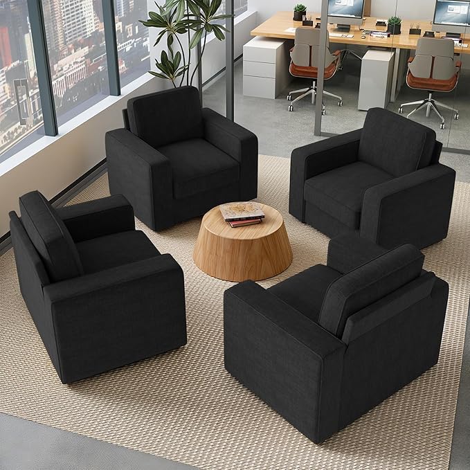 Swivel Accent Sofa Chair Set of 4, Modern Comfy Oversized Upholstered Cushion Back Armchair in Linen 1pcs for Living Room, Bedroom, Reading Room(Black)