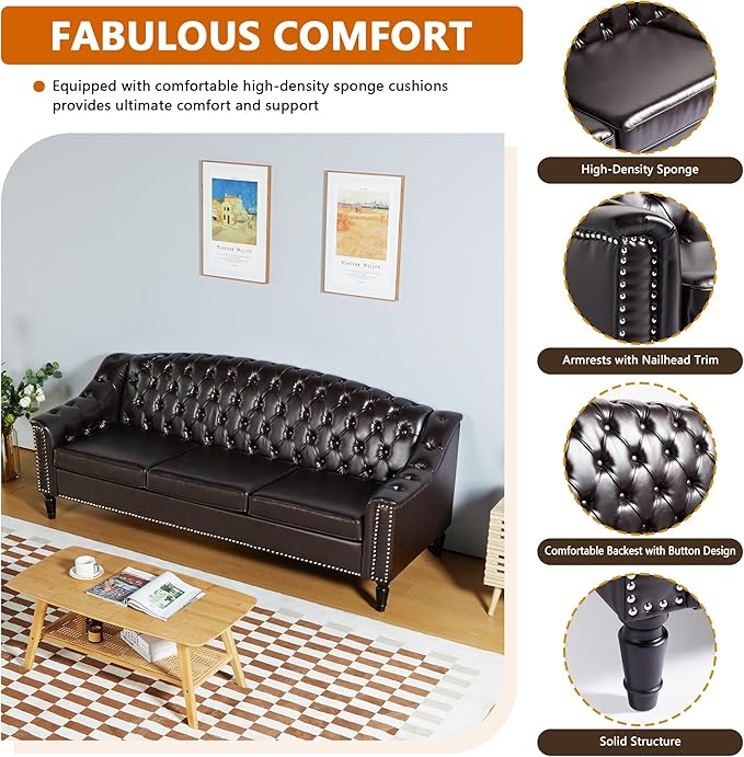 LEVNARY Mid-Century Modern Leather Couch, 80" Large Upholstered Sofa with High Back, Chesterfield Sofa Sleeper Settee with Solid Wood Legs, Tufted 3 Seater Wide Couches for Living Room Office (Brown)