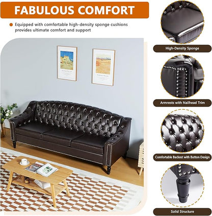 LEVNARY Mid-Century Modern Leather Couch, 80" Large Upholstered Sofa with High Back, Chesterfield Sofa Sleeper Settee with Solid Wood Legs, Tufted 3 Seater Wide Couches for Living Room Office (Brown)