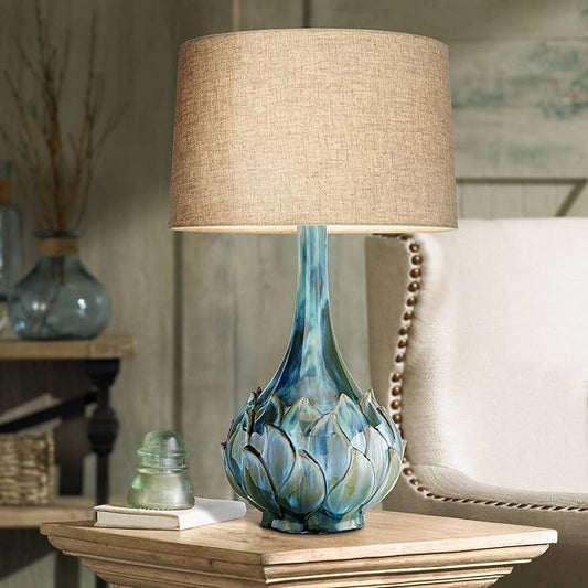 Possini Euro Design Kenya Modern Table Lamp 29 1/2" Tall Blue Green Reactive Glaze Ceramic Beige Linen Tapered Drum Shade for Bedroom Living Room House Home Bedside Nightstand Office Entryway Kids
