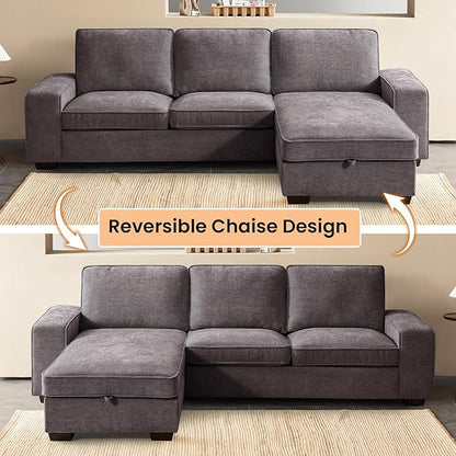 RISAR 100" L-Shaped Sofa with Chaise and Built-in Storage for Living Room, Couch with Chenille Fabric, Removable Cushion Covers & USB Type-C Ports (Dark Gray)