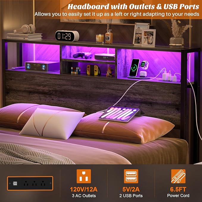 Aheaplus Headboard for Queen Size Bed with Storage, Headboards with Outlets, USB Ports and LED Light, Queen Size Head Board Only, Height Adjustable, Reversible, Sturdy and Stable Headboard, Black Oak