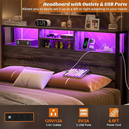 Aheaplus Headboard for Queen Size Bed with Storage, Headboards with Outlets, USB Ports and LED Light, Queen Size Head Board Only, Height Adjustable, Reversible, Sturdy and Stable Headboard, Black Oak
