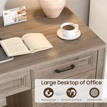 Vabches Farmhouse Executive Desk with Storage and Ample File Drawer, Rustic Large Home Writing Desk for Bedroom, Grey