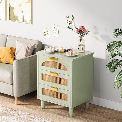 Tribesigns Mint Green Nightstand, 3-Drawer Rattan Night Stand Side Table, Accent Bedside Tables End Table for Bedroom and Small Spaces, Easy Assembly (2, Green)