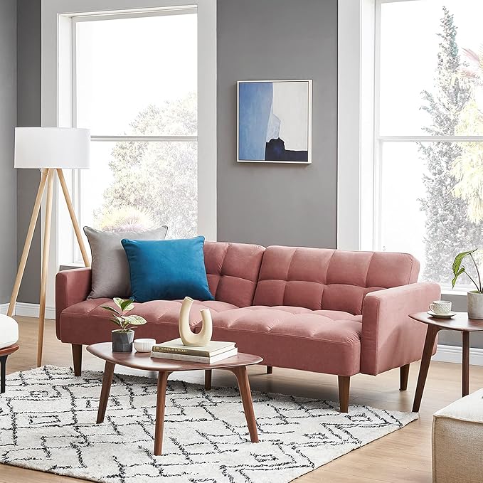 mopio Aaron 76.8" Couch, Small Futon Sofa Bed, Sleeper, Loveseat, Mid Century Modern Futon Couch, Sofa Cama, Couches for Living Room, Bedroom (Old Rosa, Velvet)