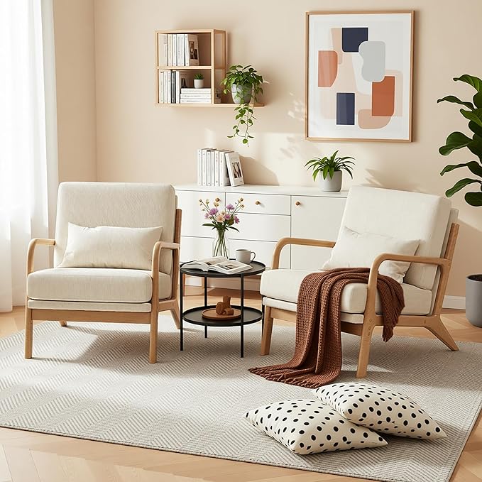Claiks Mid-Century Modern Accent Chair, Living Room Armchair with Solid Wood Frame & Lumbar Pillow, Comfy Upholstered Lounge Chair for Bedroom, Office, Corduroy, Beige