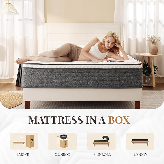 CH CHARME HOUSE Full Size Mattress, 12 Inch Full Hybrid Mattress in a Box, Medium Feel Foam and Individual Pocket Springs, Extra Edge Support, Pressure Relief, CertiPUR-US