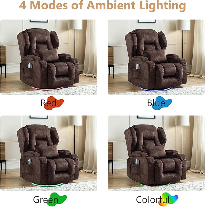 Power Swivel Rocker Recliner Chairs, Electric Wall Hugger Reclining Sofa with Massage & Heat, Comfy Theater Seating Single Chair with LED Light/USB/Type-C Ports (Velvet Brown, Set of 2)