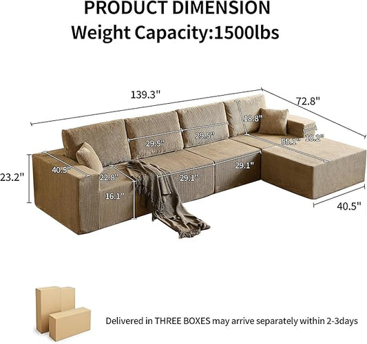 139" Boneless Cloud Sectional Couch for Living Room, Compressed Modular L-Shaped Sofa with Deep Seat, Frameless Corduroy Couch in Boxes, No Assembly Required 4-Seater (Left-Facing Chaise, Grey)