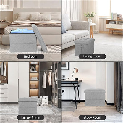 Folding Storage Ottoman, Linen Footstool Bench with Thicker Foam Padded Seat. Ottoman Foot Rest for Living Room, Bedroom, Home Office, Coffee Table. 350lbs Load Capacity, 17x13x13in, Light Gray