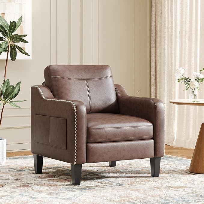 PU Leather Accent Chair, Mid-Century Modern Living Room Armchair Sofa with Removable Cushions, Solid Wood Frame & Stitched Armrest Design, Bedroom Chair with Plastic Legs, Chocolate Brown