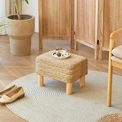 Ottoman Foot Stool Rectangular Footrest Natural Seagrass Footstool with Wooden Legs Hand Weave Multifunctional Modern Dressing Stool, Sofa Side Table for Bedroom for Living Room (Nature)