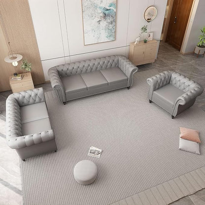 Chesterfield Loveseat Sofa, Modern Leather Small Sofa Couch 2 Seater with Rolled Arms and Nailhead, Mid Century Modern Loveseat Couch for Small Spaces Living Room Bedroom Apartment, Grey