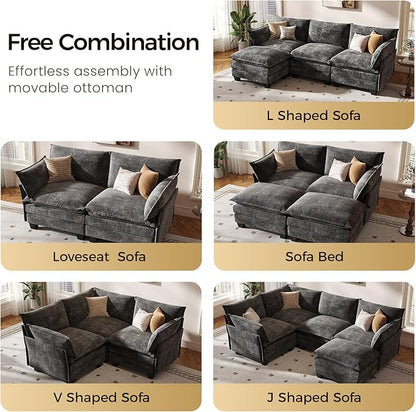 KKL Modular Sectional Sofa Bed, 4 Seater Convertible L-Shaped Sleeper Cloud Couch with Ottoman, Chenille Sectional Couches for Living Room, Apartment Grey