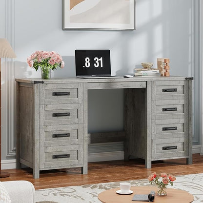 Vabches Farmhouse 60.6” Executive Desk with 7 Drawers, Computer Desk with File Drawer for Hanging Files A4, Workstation for Home Office, Study.Grey