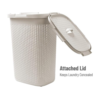 Mind Reader Slim Laundry Hamper with Lid, 60L Clothes Basket, Premium Wicker Design, Plastic, Ivory
