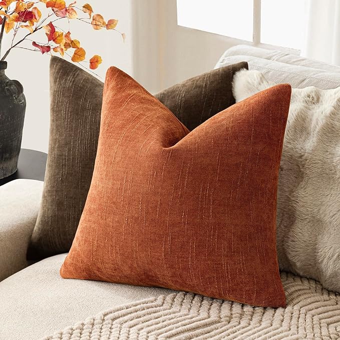 Foindtower Pack of 2 Soft Textured Chenille Throw Decorative Pillow Covers Square Accent Solid Cushion Cover Cozy Neutral Farmhouse Pillow Case for Couch Sofa Bedroom Living Room 22x22 Inch,Orange