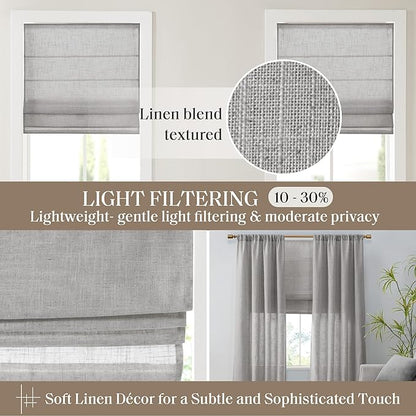 Madison Park Kyler Cordless Roman Shades - Single Panel, Lightweight Linen Blend Fabric, Natural Design, Easy Installation, Light Filtering Window Blind, Bedroom, Living Room Decor 31" W x 64" H Grey