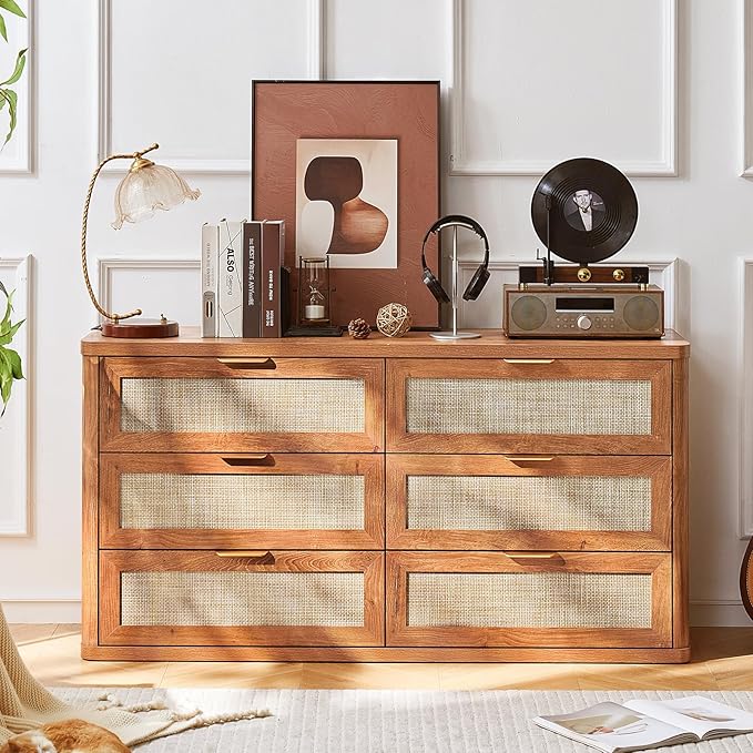 LEYAOYAO Rattan 6 Drawer Dresser for Bedroom, 54" Wide Boho Chest of Drawers, Wooden Dressers TV Stand with Metal Handle, Storage Closet Organizer for Living Room, Hallway, Tea Brown