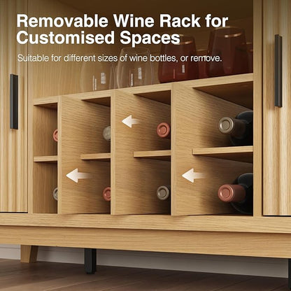 Fluted Buffet Cabinet with Storage, Modern Coffee Bar Cabinet with Outlet, Wine Rack, Cup Holder, Multi-Functional Accent Liquor Cabinet for Living Room, Entryway, Kitchen, Wood