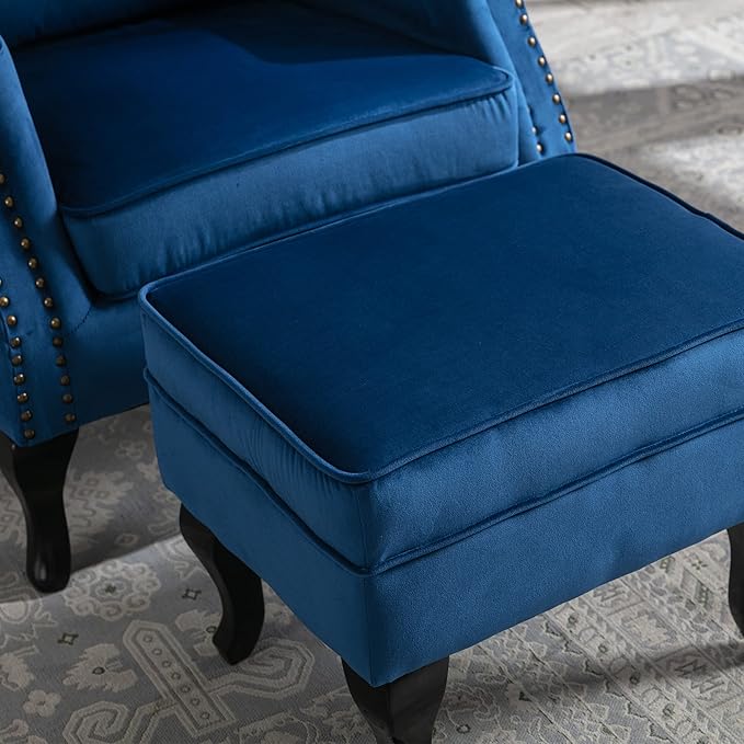 chairus Mid-Century Modern Accent Chairs with Ottoman Set of 2, Comfy Velvet Single Sofa Chair Button Tufted Wingback Armchairs with Pillow for Living Room/Bedroom/Club - Blue